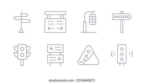 Road icons. Editable stroke. Containing signals, directional sign, traffic light, success, traffic lights, park, falling rocks.