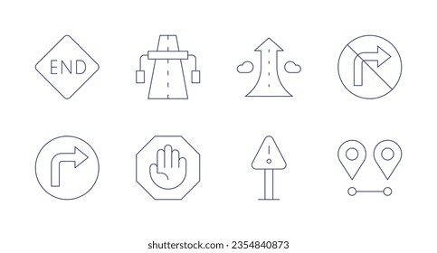 Iconos de carreteras. Trazo editable. Conteniendo el extremo, la carretera, el crecimiento, no girar a la derecha, girar a la izquierda, señal de parada, señal de advertencia, distancia.