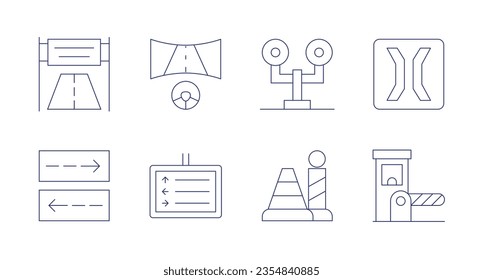 Road icons. Editable stroke. Containing road banner, racing game, traffic light, narrow bridge, parking, traffic sign, cone, toll.