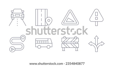 Road icons. Editable stroke. Containing drive, road, slope, warning, destination, road trip, barrier, choice.
