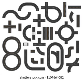 Road icons footpath, ring, infinity and turns vector illustration. Street and road with footpaths and crossroads. Vector elements for city map. Highway asphalt path traffic streets