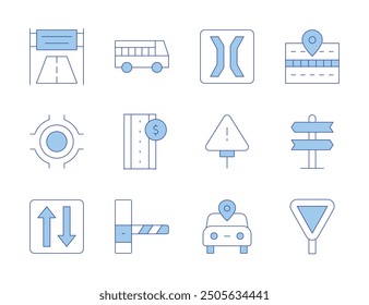 Road icons. Line Duotone style, editable stroke. toll road, warning sign, holidays, banner, road signs, yield, narrow bridge, trip, two ways, roundabout.