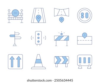 Road icons. Line Duotone style, editable stroke. road, speed limit, barrier, road barrier, racing game, one way, traffic lights, traffic cone, road block, signals.