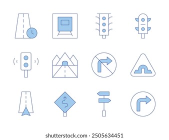 Road icons. Line Duotone style, editable stroke. train, turn left, traffic lights, bridge road, road sign, road, time, no turn right, panel, navigation.