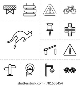 Road icons. set of 13 editable outline road icons such as barrier, road, pin, warning, street lamp, finish flag, direction, direction   isolated, kangaroo
