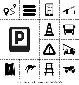 Road icons. set of 13 editable filled road icons such as airport bus, direction   isolated, cone barrier, truck, distance, railway, parking, barrier, kangaroo, wet floor