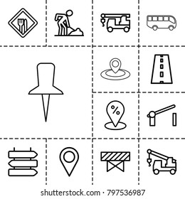 Road icons. set of 13 editable outline road icons such as direction   isolated, barrier, truck with hook, digging man, sale location, road, restaurant, location pin