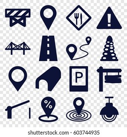 Road icons set. set of 16 road filled icons such as parking, barrier, tunnel, map location, direction board, distance, road, bridge, restaurant, street lamp, location pin