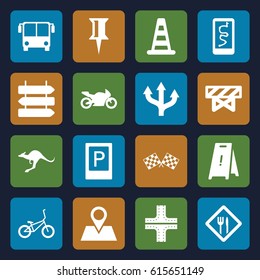 Road icons set. set of 16 road filled icons such as kangaroo, airport bus, parking, direction   isolated, cone barrier, barrier, road, wet floor, pin, location pin, restaurant