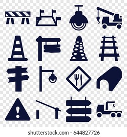 Road icons set. set of 16 road filled icons such as barrier, direction   isolated, cone barrier, tunnel, truck with hook, direction board, railway, restaurant, street lamp