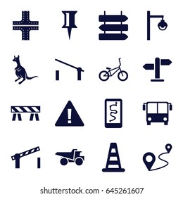 Road icons set. set of 16 road filled icons such as kangaroo, airport bus, barrier, direction   isolated, cone barrier, pin, truck, distance, street lamp, bicycle, direction