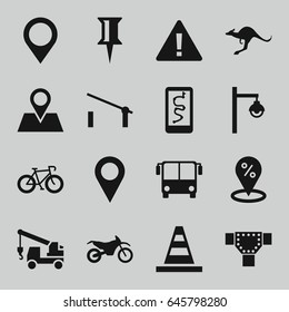 Road icons set. set of 16 road filled icons such as kangaroo, airport bus, barrier, road, pin, cone, truck with hook, location pin, street lamp, motorbike, map location