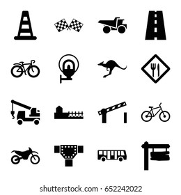 Road icons set. set of 16 road filled icons such as kangaroo, airport bus, cone barrier, truck with hook, truck, direction board, bicycle, avenue, restaurant, street lamp