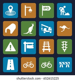 Road icons set. set of 16 road filled icons such as kangaroo, tunnel, map location, barrier, truck with hook, digging man, direction board, bicycle, railway, road