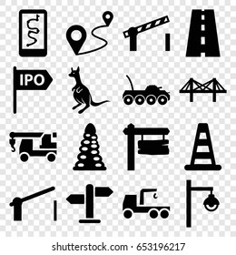 Road icons set. set of 16 road filled icons such as kangaroo, cone barrier, tunnel, truck with hook, direction board, distance, bridge, barrier, street lamp, direction