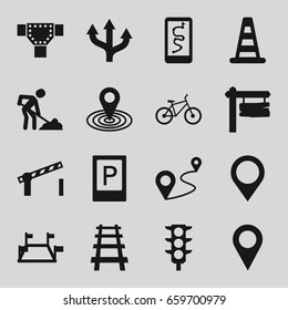 Road icons set. set of 16 road filled icons such as parking, cone barrier, map location, digging man, direction board, distance, railway, traffic light, bicycle, location pin