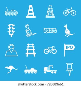 Road icons set. set of 16 road filled and outline icons such as kangaroo, cone barrier, truck with hook, railway, traffic light, direction, military car, airport bus, cangaroo