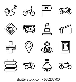 Road icons set. set of 16 road outline icons such as parking, direction   isolated, cone barrier, road, map location, truck with hook, truck, distance, barrier, restaurant
