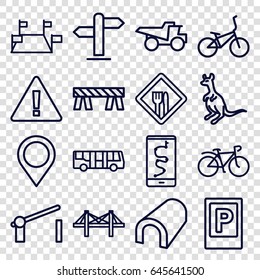 Road icons set. set of 16 road outline icons such as airport bus, parking, cangaroo, tunnel, barrier, truck, bicycle, bridge, restaurant, map location, direction, warning