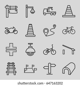 Road icons set. set of 16 road outline icons such as barrier, cone barrier, tunnel, road, cone, truck with hook, direction board, distance, railway, street lamp, direction