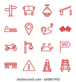 Road icons set. set of 16 road outline icons such as airport bus, tunnel, barrier, distance, railway, avenue, street lamp, warning, direction, location pin, finish flag