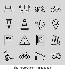 Road icons set. set of 16 road outline icons such as airport bus, parking, barrier, cone barrier, cangaroo, wet floor, pin, truck, direction, location pin, bicycle, motorbike