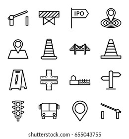 Road icons set. set of 16 road outline icons such as airport bus, barrier, cone barrier, road, wet floor, map location, cone, location pin, bridge, traffic light, avenue