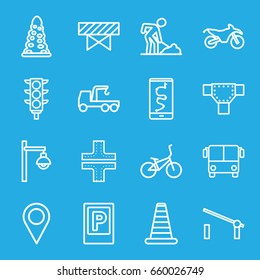 Road icons set. set of 16 road outline icons such as airport bus, parking, barrier, cone barrier, tunnel, road, truck with hook, digging man, traffic light, street lamp