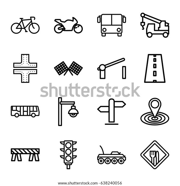 Road icons set. set\
of 16 road outline icons such as airport bus, road, map location,\
barrier, truck with hook, traffic light, restaurant, street lamp,\
direction, military car