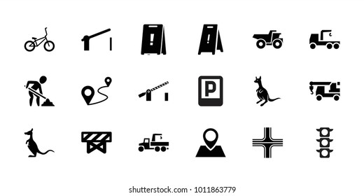 Road icons. set of 18 editable filled road icons: kangaroo, barrier, wet floor, truck with hook, distance, bicycle, parking, road, digging man, truck, location pin