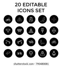 Road icons. set of 20 editable outline road icons such as barrier, wet floor, pin, cone, truck, location pin, street lamp. best quality road elements in trendy style.