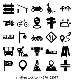 road icons set. Set of 25 road filled icons such as kangaroo, airport bus, barrier, direction   isolated, tunnel, road, wet floor, digging man, truck, location pin, distance