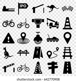 Road icons set. set of 25 road filled icons such as kangaroo, cone barrier, tunnel, wet floor, map location, truck with hook, bicycle, distance, railway, bridge, avenue