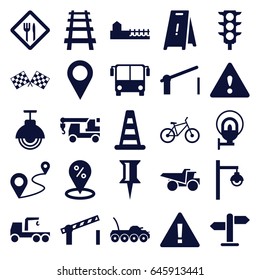 Road icons set. set of 25 road filled icons such as airport bus, cone barrier, wet floor, pin, truck with hook, truck, distance, railway, traffic light, avenue, barrier