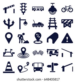 Road icons set. set of 25 road filled icons such as airport bus, barrier, tunnel, map location, cone, truck with hook, digging man, distance, railway, traffic light