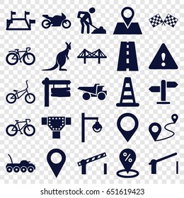 Road icons set. set of 25 road filled icons such as kangaroo, cone barrier, digging man, truck, direction board, bicycle, location pin, distance, bridge, barrier, street lamp