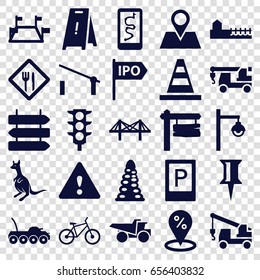 Road icons set. set of 25 road filled icons such as kangaroo, parking, barrier, direction   isolated, tunnel, wet floor, pin, cone, truck with hook, truck, direction board