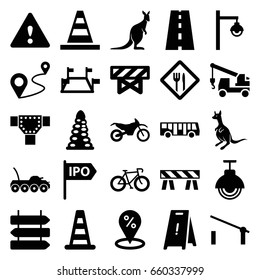 Road icons set. set of 25 road filled icons such as kangaroo, airport bus, barrier, direction   isolated, cone barrier, tunnel, road, wet floor, cone, truck with hook
