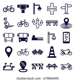 Road icons set. set of 25 road filled and outline icons such as airport bus, cone barrier, road, map location, barrier, bridge, avenue, street lamp, location pin, locations