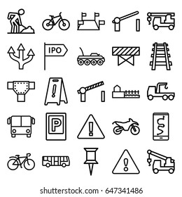 Road icons set. set of 25 road outline icons such as airport bus, parking, barrier, wet floor, pin, truck with hook, digging man, bicycle, railway, avenue, warning, direction