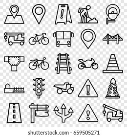 Road icons set. set of 25 road outline icons such as airport bus, tunnel, road, wet floor, cone, truck with hook, digging man, truck, direction board, bicycle, location pin