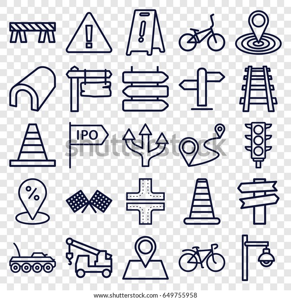 Road\
icons set. set of 25 road outline icons such as direction  \
isolated, cone barrier, tunnel, road, wet floor, map location,\
cone, barrier, truck with hook, direction\
board