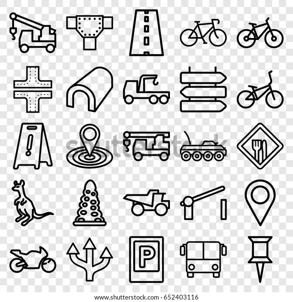 Road icons set.\
set of 25 road outline icons such as airport bus, parking,\
direction   isolated, cangaroo, tunnel, road, wet floor, pin, map\
location, truck with hook,\
truck