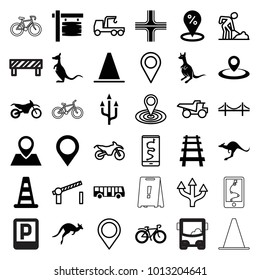 Road icons. set of 36 editable filled and outline road icons such as airport bus, cone barrier, kangaroo, sale location, bicycle, railway, motorbike, map location