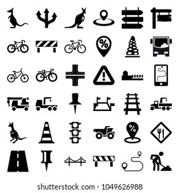 Road icons. set of 36 editable filled road icons such as direction   isolated, kangaroo, road, pin, truck with hook, digging man, sale location, arrow, bicycle