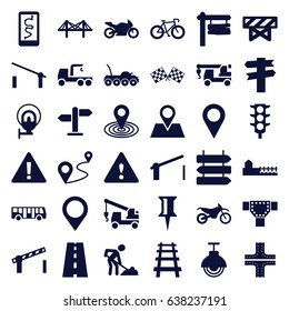 Road icons set. set of 36 road filled icons such as airport bus, barrier, direction   isolated, pin, map location, truck with hook, digging man, direction board, location pin