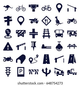 Road icons set. set of 36 road filled icons such as kangaroo, airport bus, parking, barrier, tunnel, wet floor, pin, truck with hook, truck, distance, railway, bridge