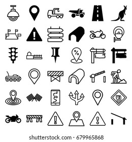 Road icons set. set of 36 road filled and outline icons such as kangaroo, barrier, tunnel, pin, truck, direction board, traffic light, motorbike, location pin