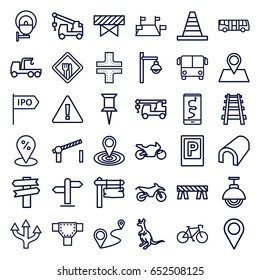 Road icons set. set of 36 road outline icons such as airport bus, parking, cangaroo, barrier, tunnel, pin, map location, cone, truck with hook, direction board, location pin