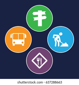 Road icons set. set of 4 road filled icons such as airport bus, digging man, restaurant